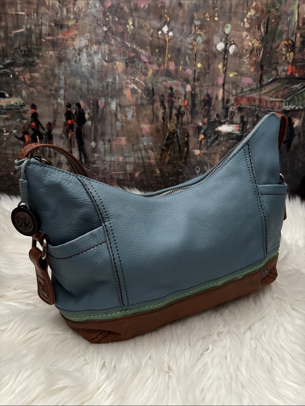 The Sak Blue Leather Shoulder Bag with Brown Trim